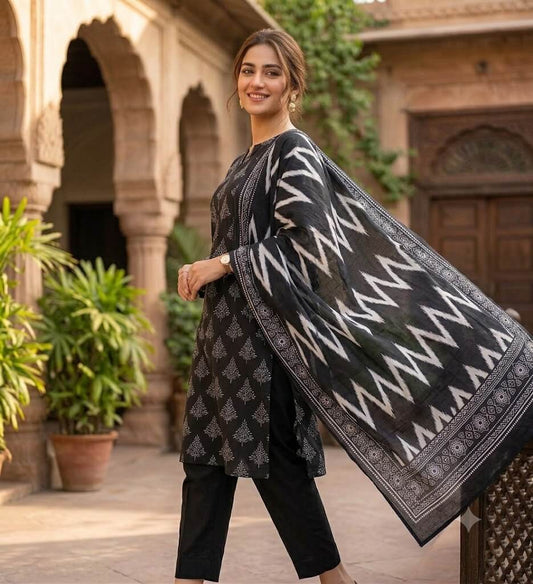 Elegant Black & White 3 Piece Unstitched Lawn Suit with Printed Dupatta