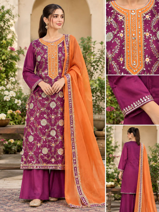 Handmade Gotta 3Pc Sheesha Silk Unstitched Suit