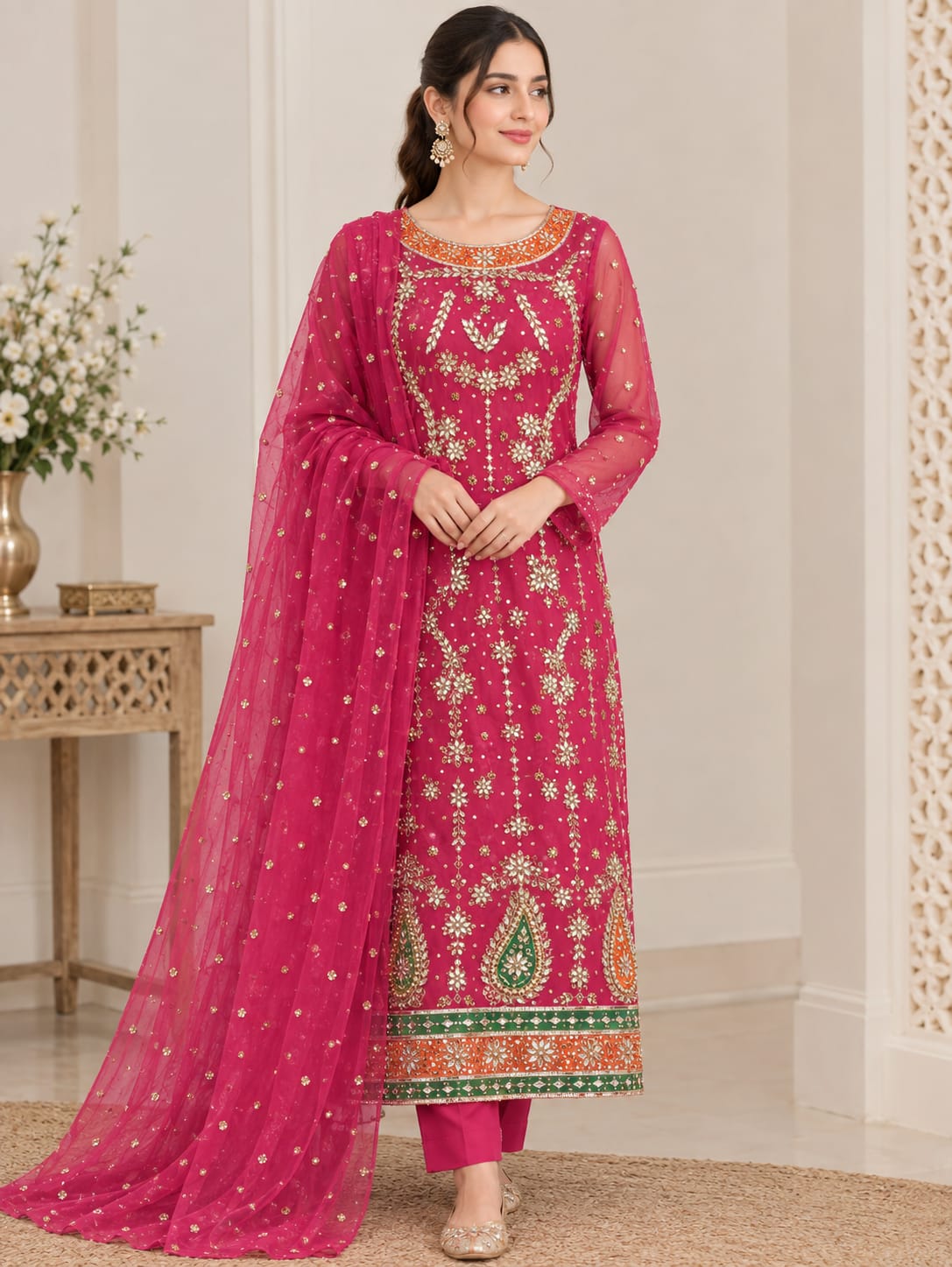 Handmade Gotta Work Organza 2PC Unstitched Suit – Trendy Pink | Multi Applique Embellishments