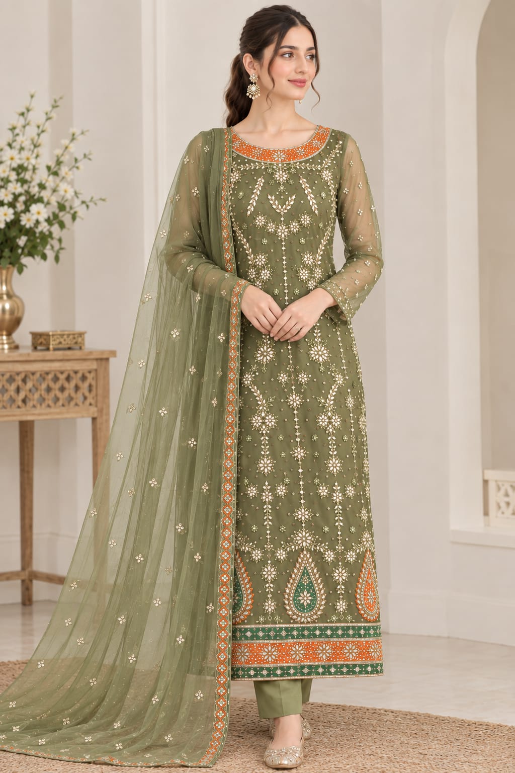 Handmade Gotta Work Net 2PC Unstitched Suit – Mehndi Green | Allover Gotta Chata Dupatta