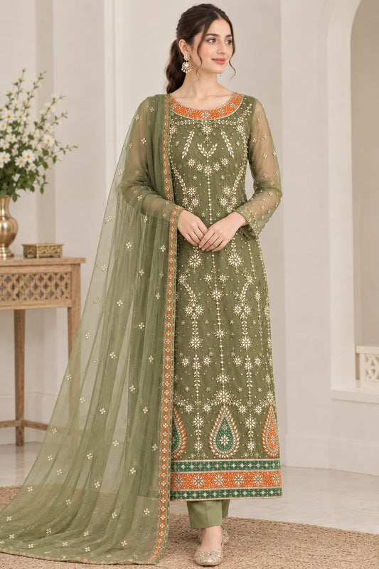 Handmade Gotta Work Net 2PC Unstitched Suit – Mehndi Green | Allover Gotta Chata Dupatta