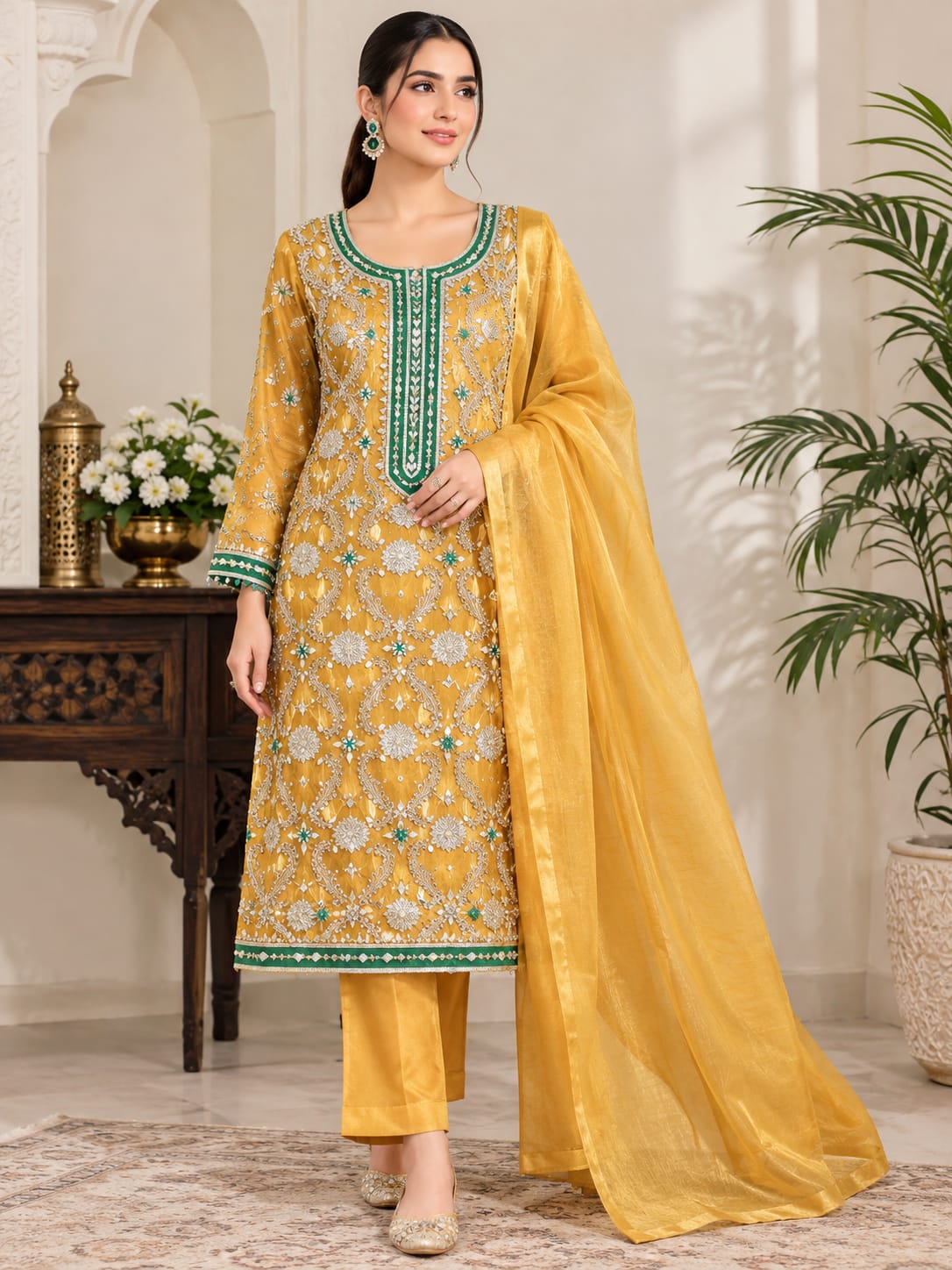 Handmade Gotta Work Sheesha Silk 2PC Unstitched Suit – Yellow Mustard | Mayo & Mehndi Special