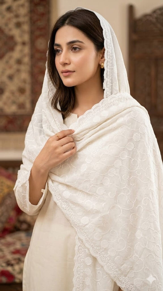 Chikankari Lawn Cotton Chadar – Lightweight Traditional & Trendy Shawl (2.5 x 1.25)