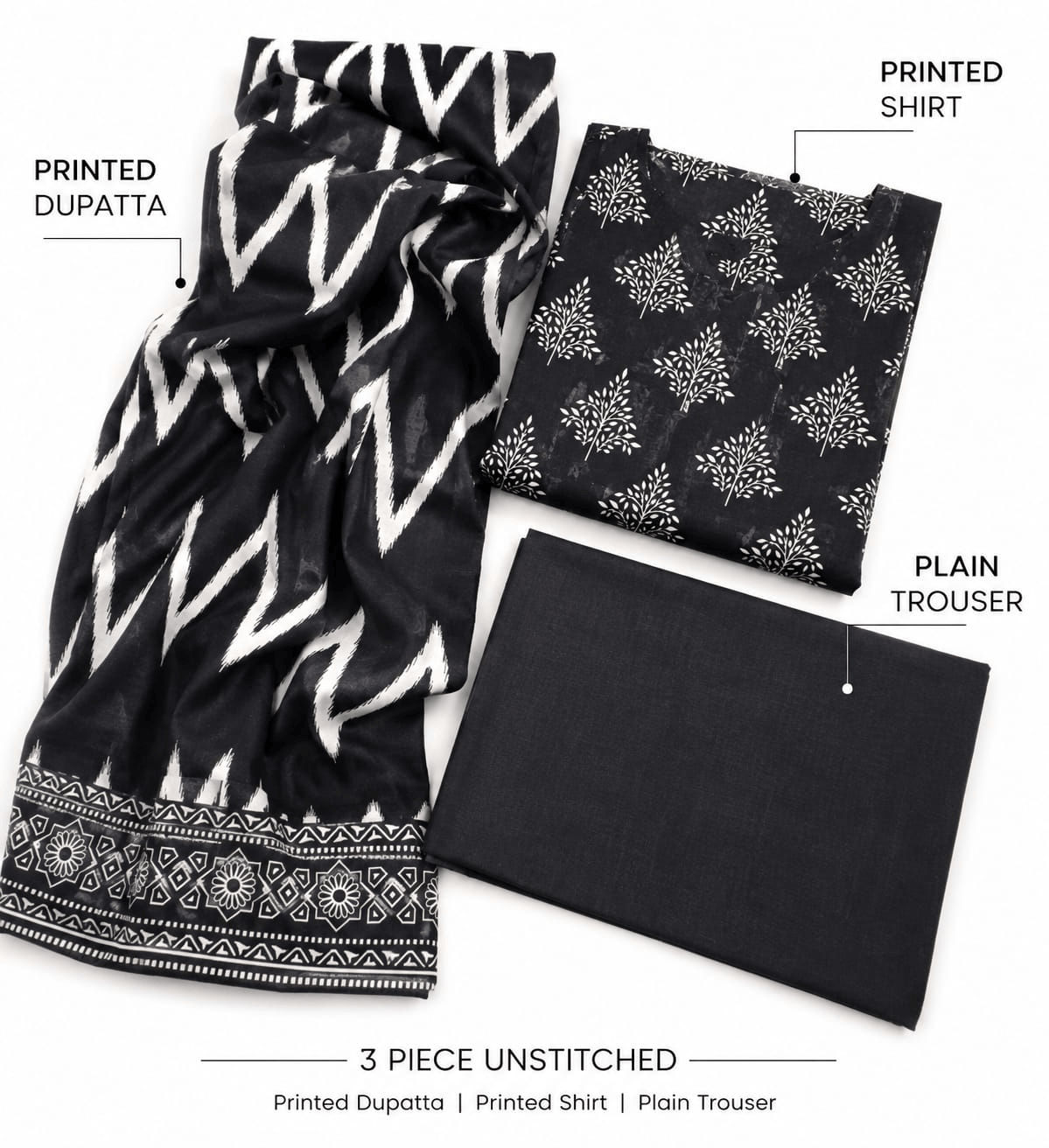 Elegant Black & White 3 Piece Unstitched Lawn Suit with Printed Dupatta