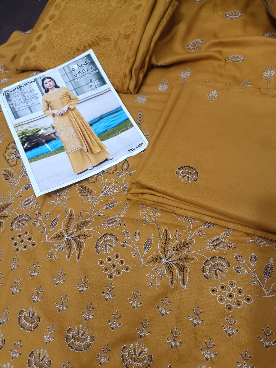 Peach dhanak 3pc, embroidered front back nd sleeves wd plan trouser nd velvet dhanak shawl....