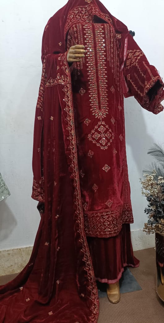 9000 Micro Velvet Luxury Collection 3pc(, shirt front back sleeves dupata embroidered wd plan velvet trouser)
