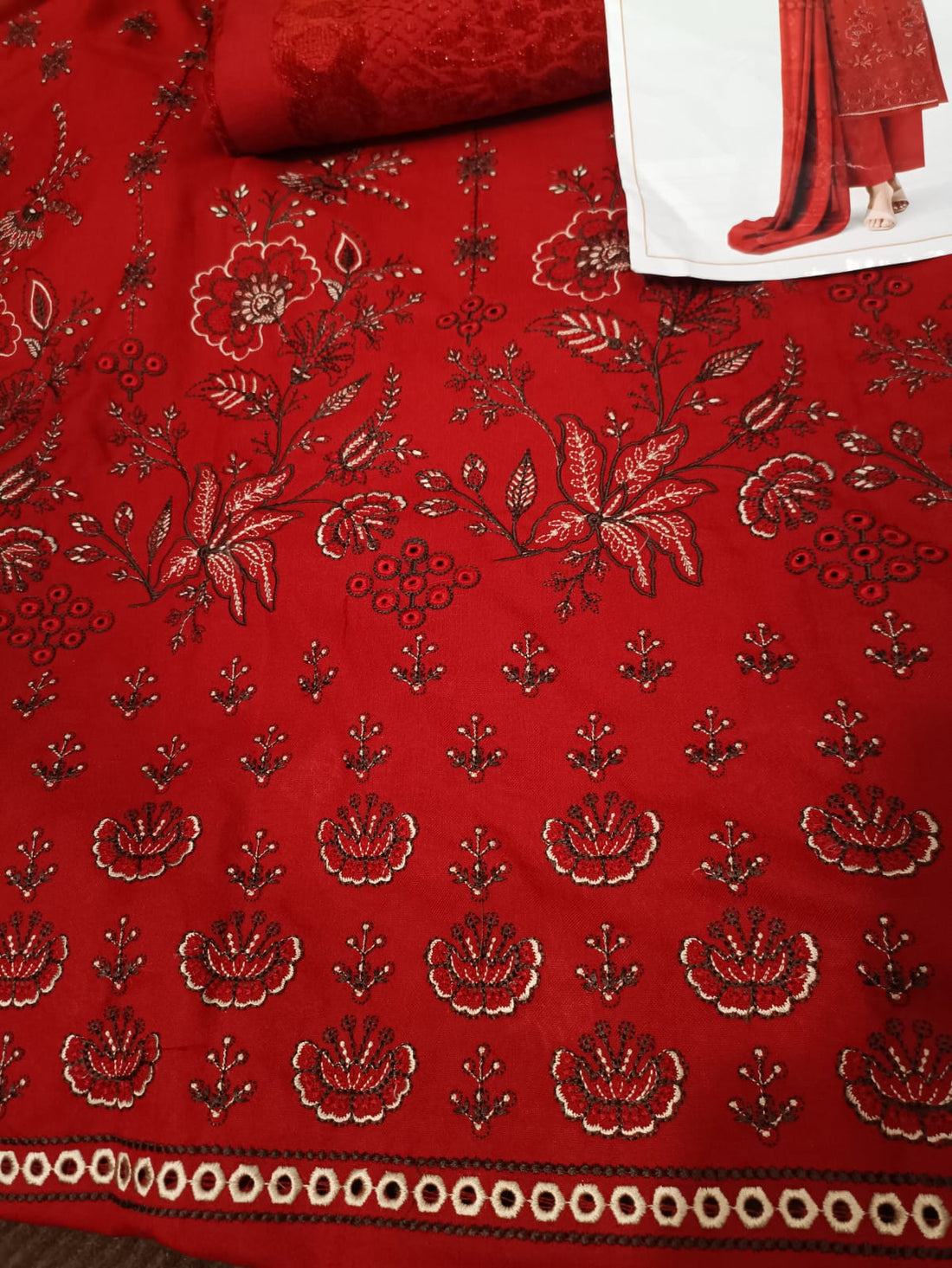 Peach dhanak 3pc, embroidered front back nd sleeves wd plan trouser nd velvet dhanak shawl....