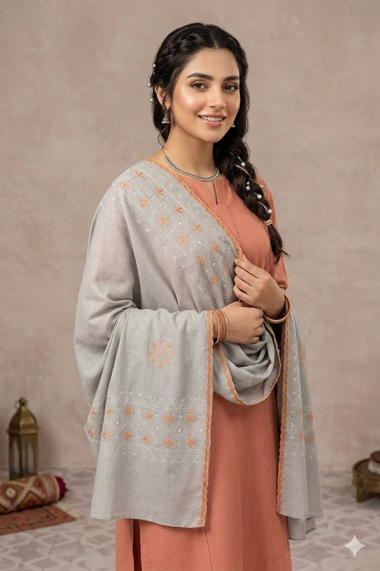 Handmade Embroidered Lawn Chadar Shadow Work Summer Shawl