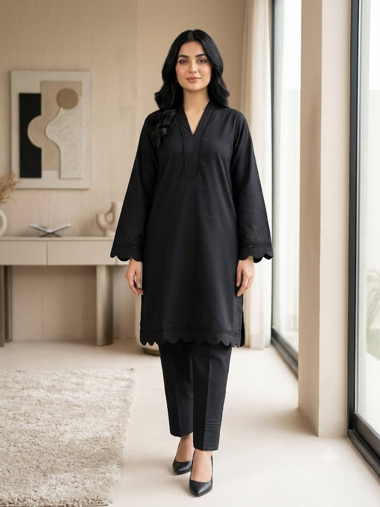 Women's Black Pure Cotton 2 Piece Suit | Short Kurti with Farshi Shalwar | Stitched Pakistani Dress