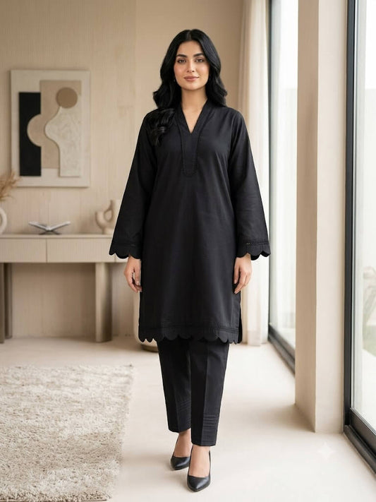 Women's Black Pure Cotton 2 Piece Suit | Short Kurti with Farshi Shalwar | Stitched Pakistani Dress