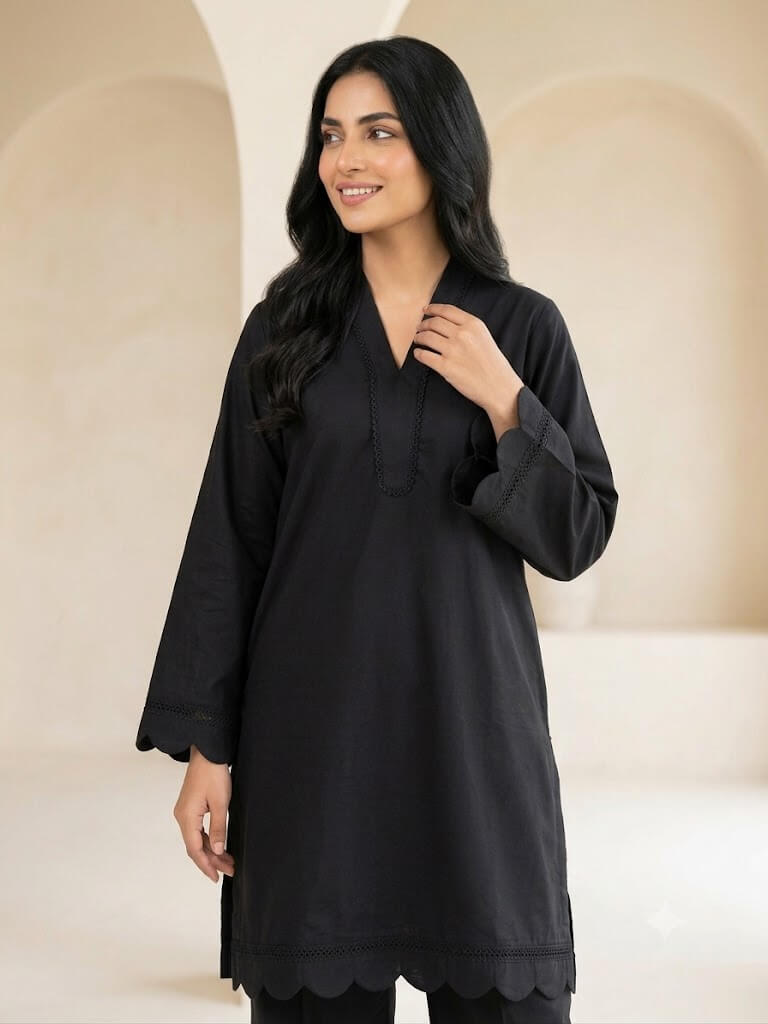 Women's Black Pure Cotton 2 Piece Suit | Short Kurti with Farshi Shalwar | Stitched Pakistani Dress