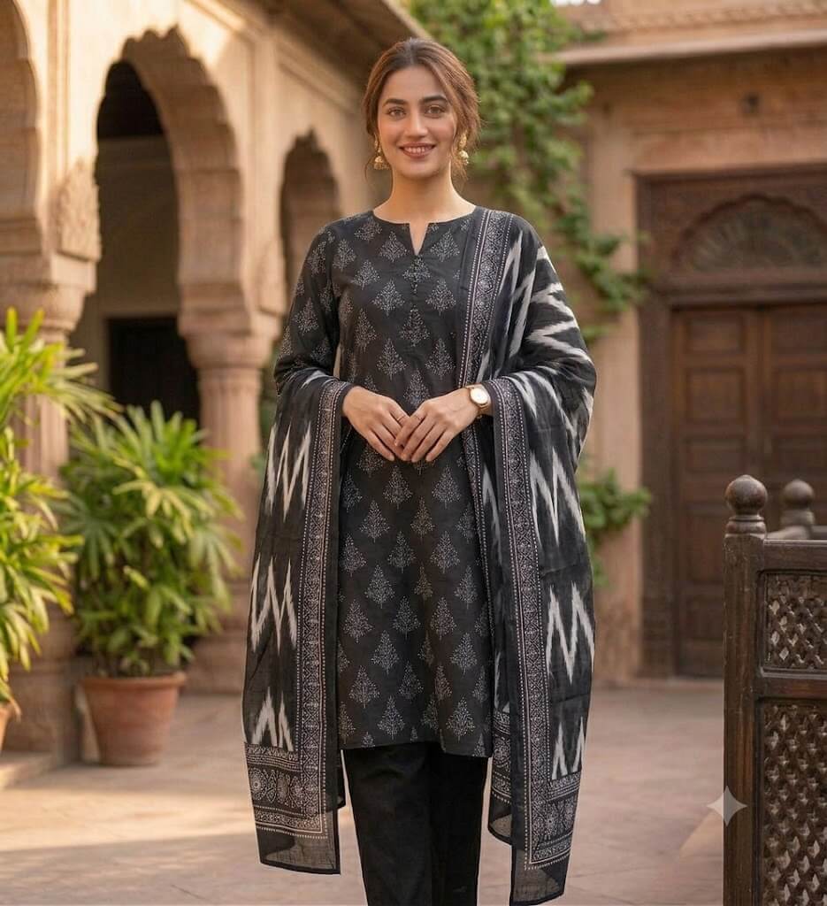 Elegant Black & White 3 Piece Unstitched Lawn Suit with Printed Dupatta