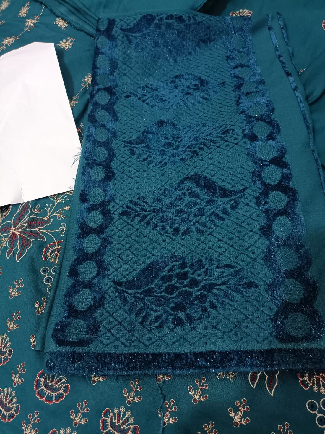 Peach dhanak 3pc, embroidered front back nd sleeves wd plan trouser nd velvet dhanak shawl....