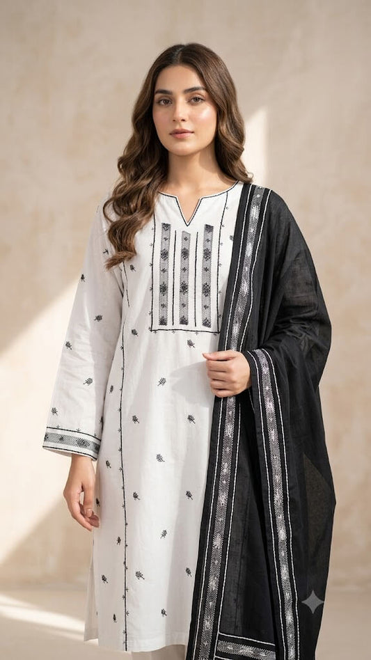 White & Black Handmade Tarkashi Lawn 2 Piece Unstitched Suit for Women