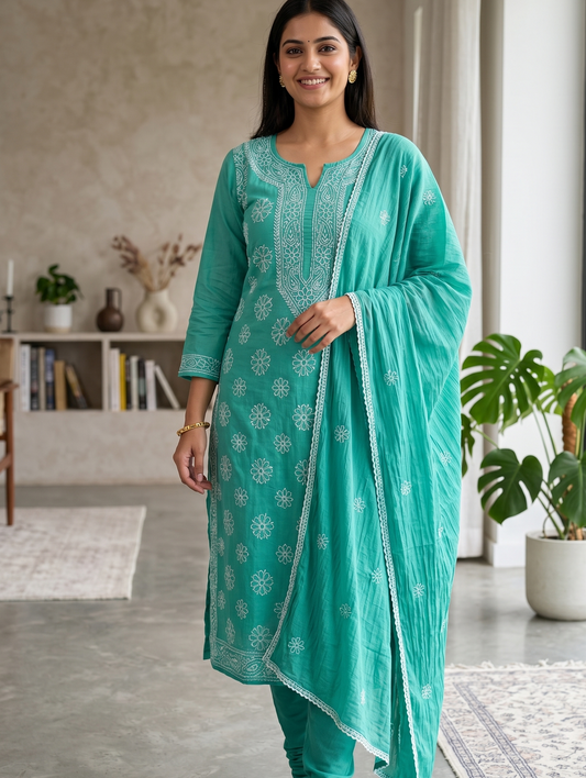 Woman in a teal traditional outfit standing in a modern living room.