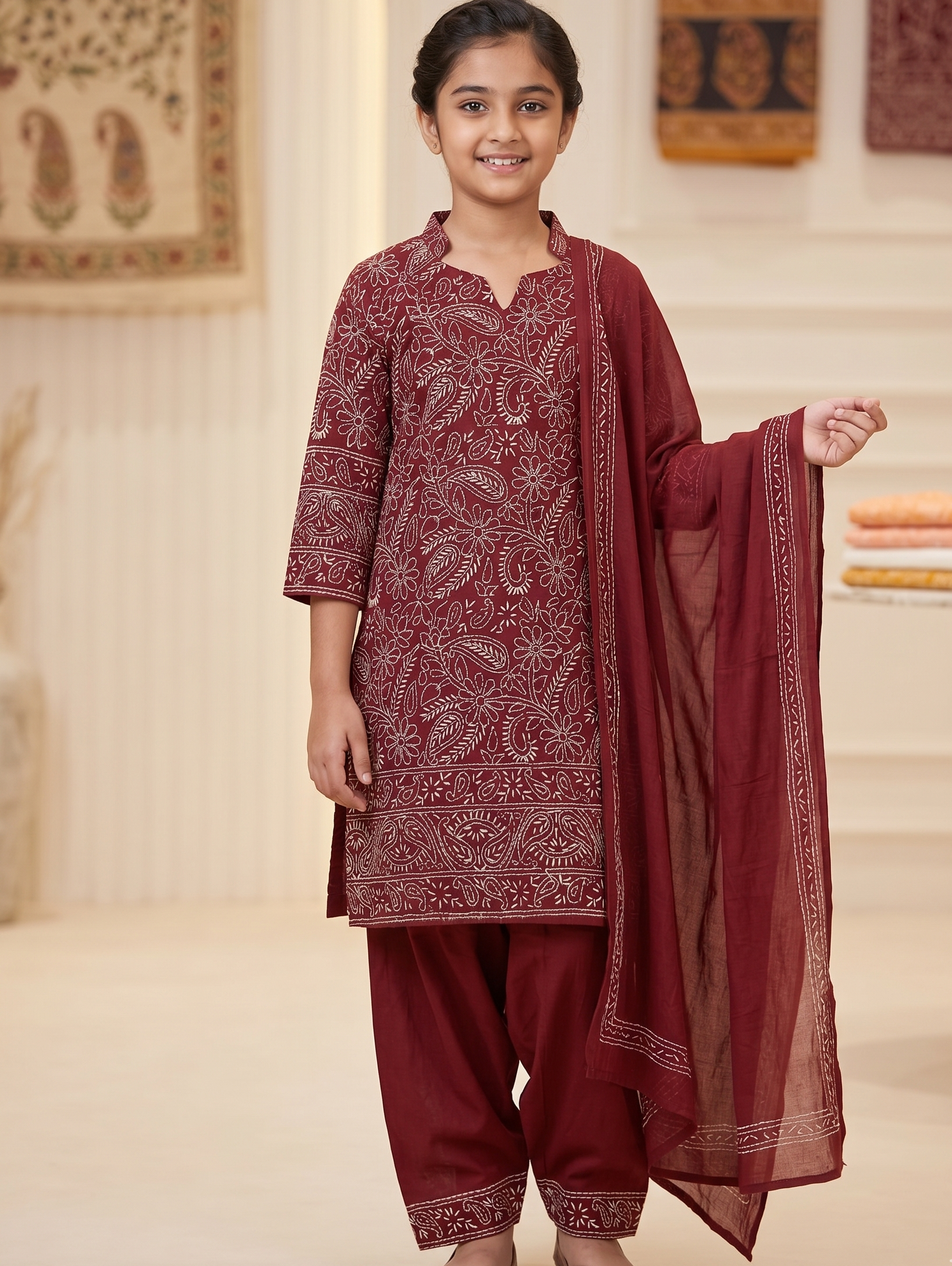 Young girl wearing a maroon traditional outfit with a patterned dupatta in a home setting.