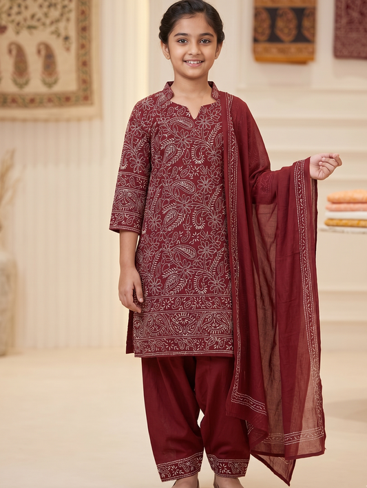 Young girl wearing a maroon traditional outfit with a patterned dupatta in a home setting.