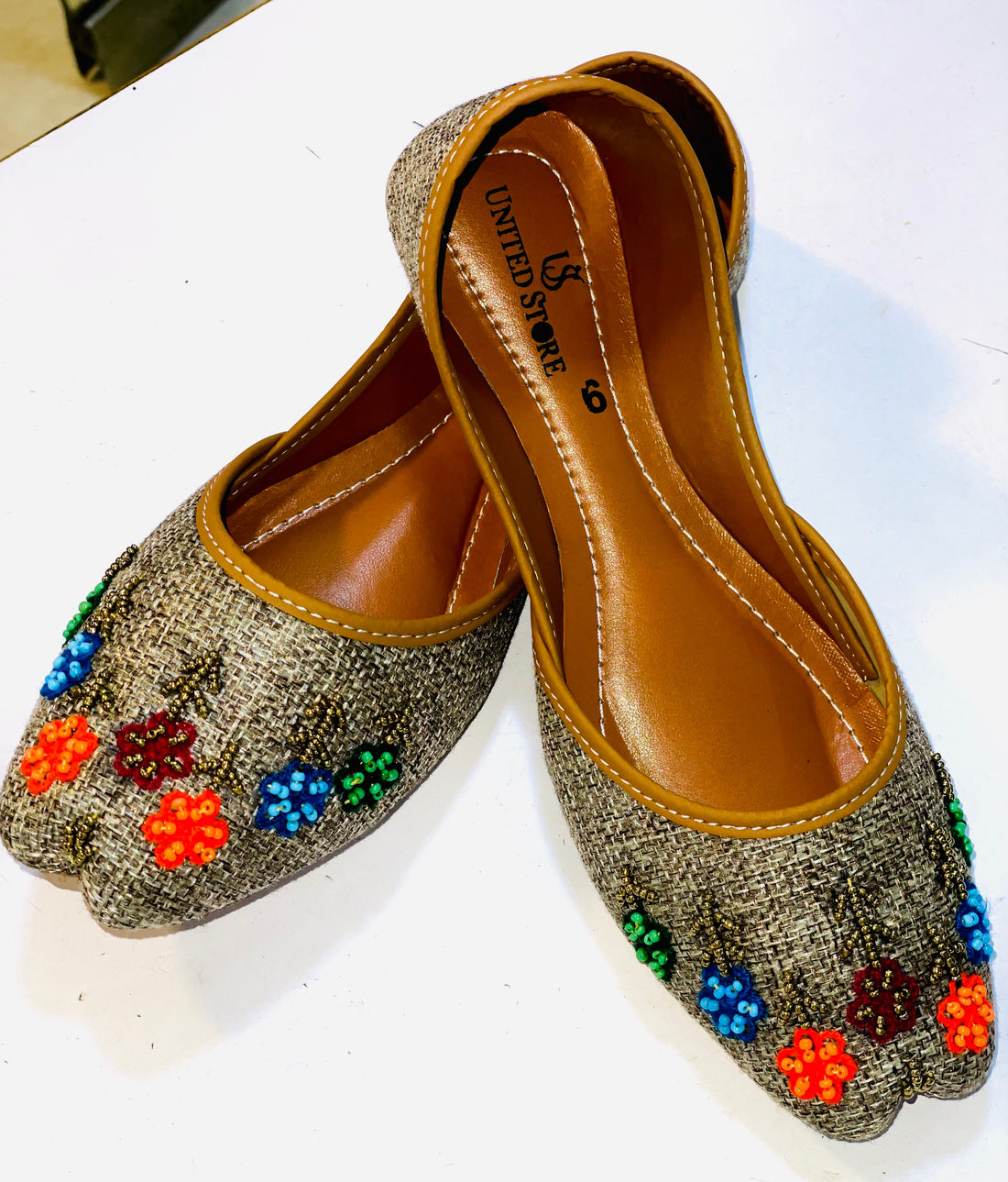 Jute denim fabric wd handmade work khussa