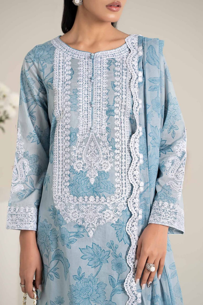 Maria B | Sky Blue - Printed Lawn With Chiffon Embroidered Dupatta