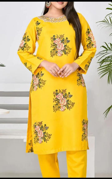 Raw silk embroidered 3pc wd organza dupata stiched by pret diaries... Hand block printing work wd pearls nd beats work