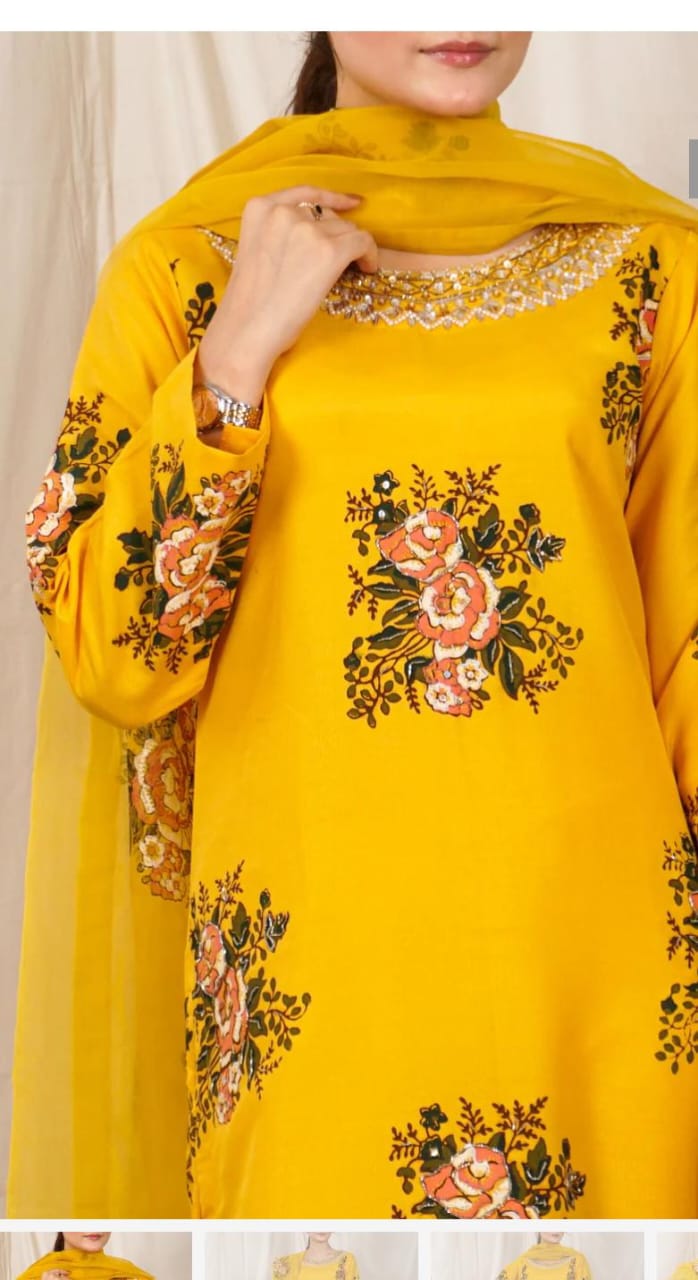 Raw silk embroidered 3pc wd organza dupata stiched by pret diaries... Hand block printing work wd pearls nd beats work