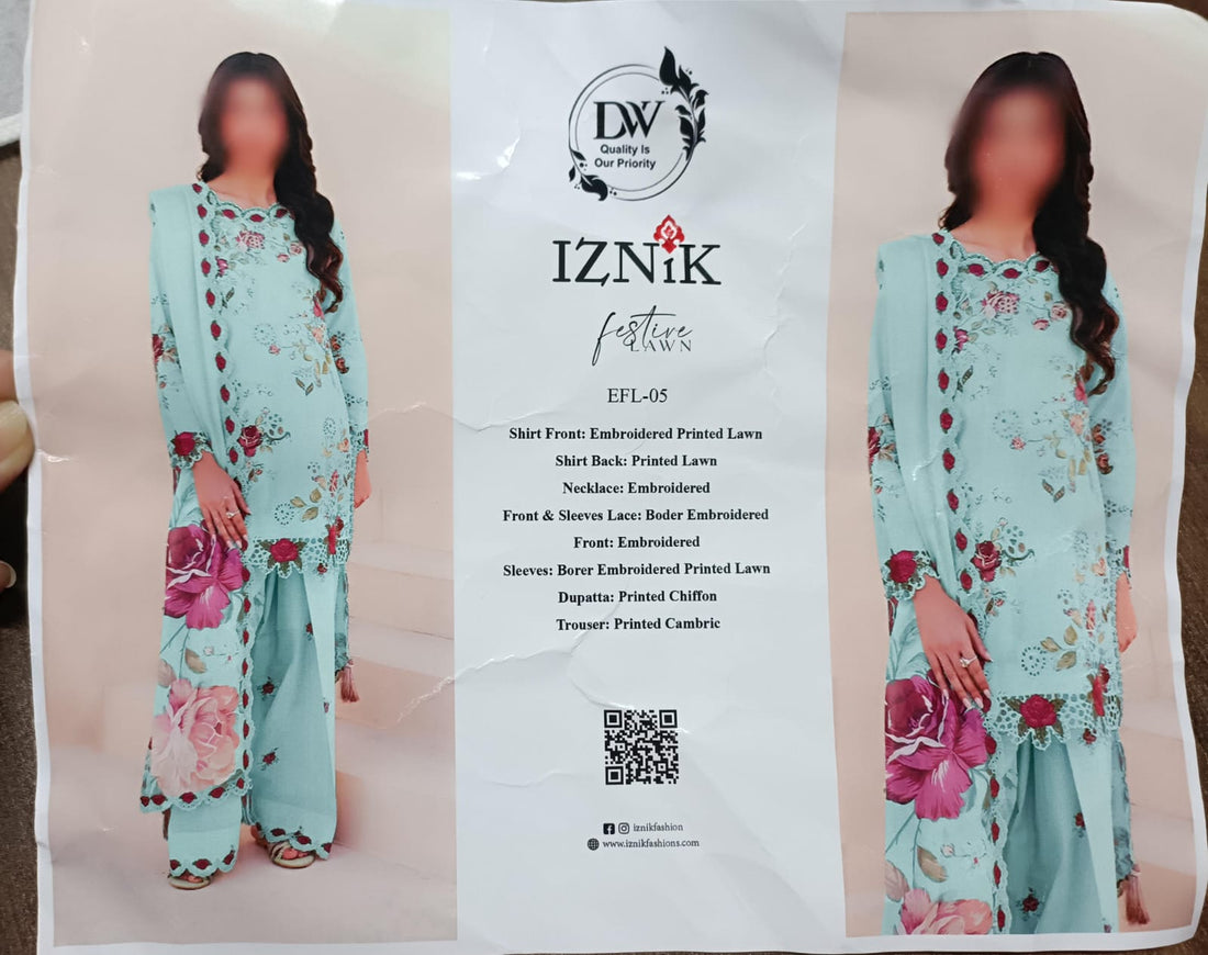 3pc lawn chknkari printed front , printed sleevs,back & trouser wd chiffon 4 sided lacing dupata...