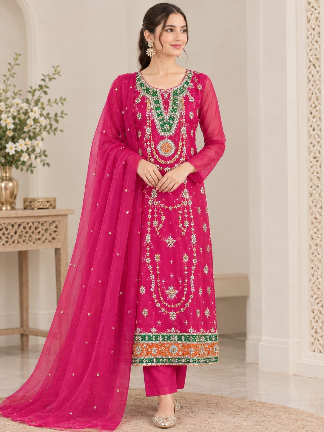 Handmade Gotta Work Organza 2PC Unstitched Suit – Heavy Front, Light Sleeves & Chata Dupatta | Customizable