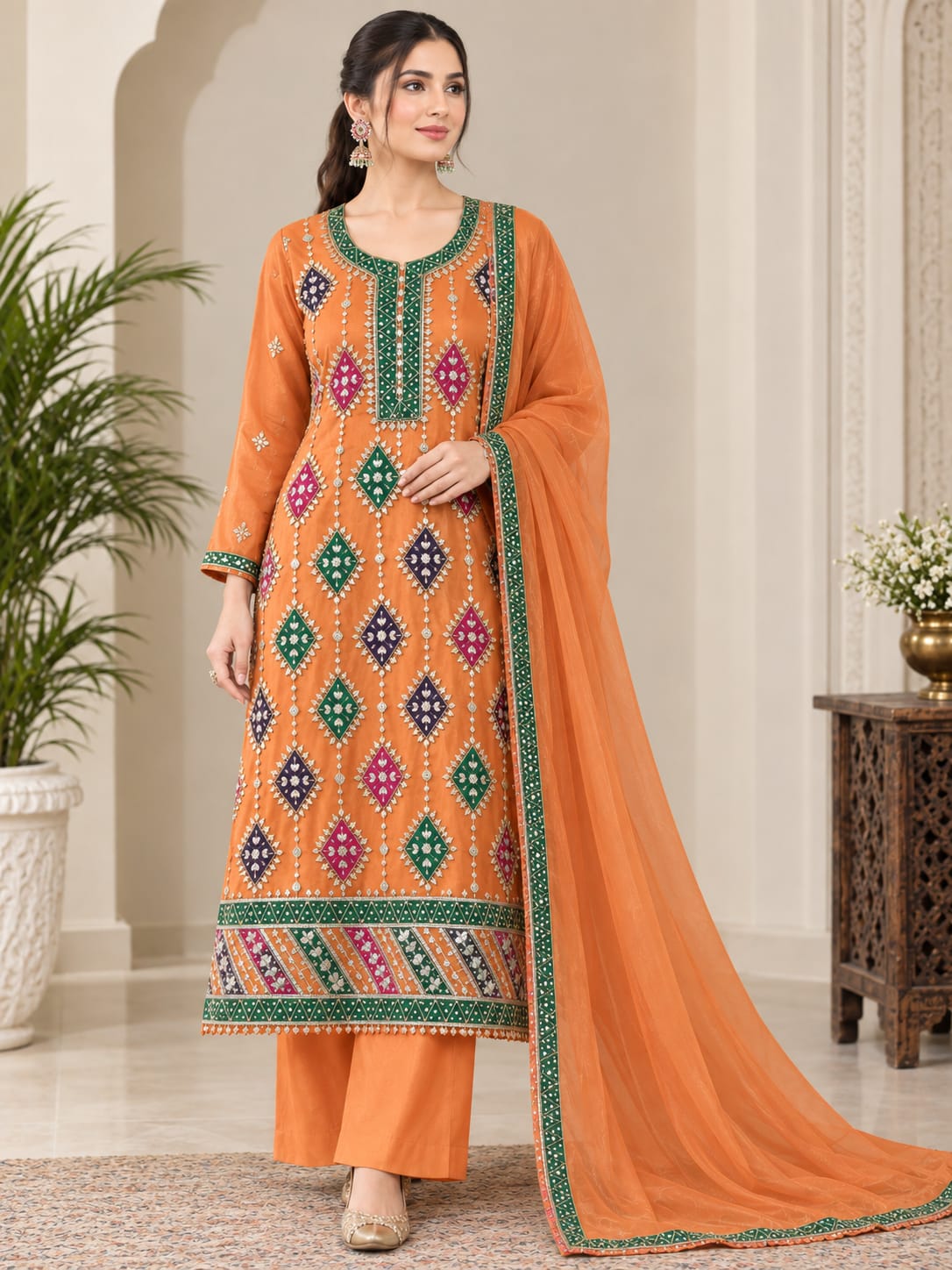 Handmade Gotta Multi Applique Sheesha Silk 2PC Unstitched Suit – Orange | Matha Pati Work