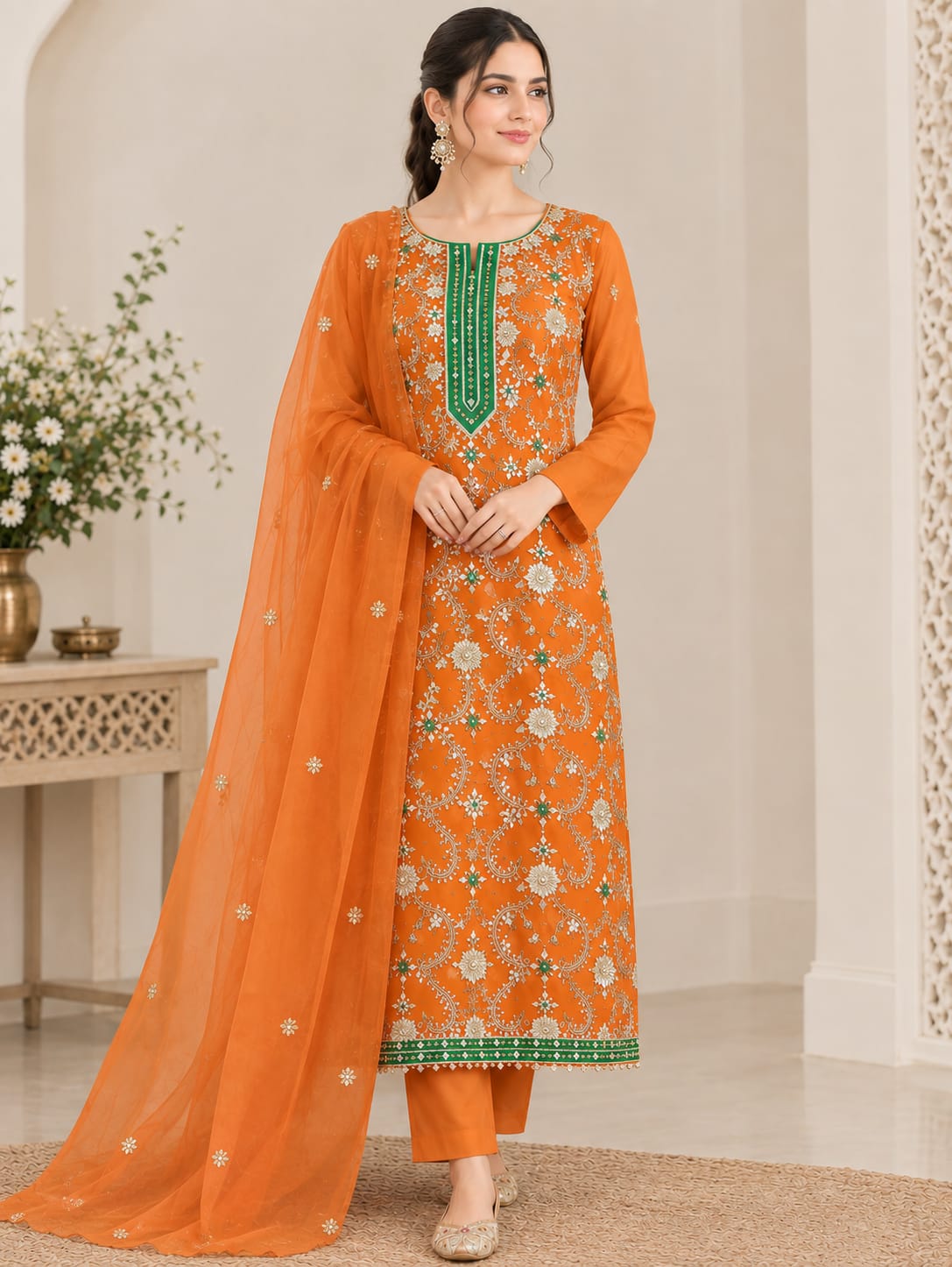 Organza 2PC Unstitched Suit – Beautiful Orange | Customizable Colours | Mishki's Trend