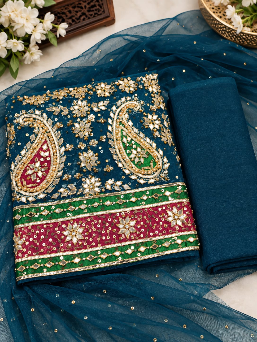 Handmade Gotta Work Net 2PC Unstitched Suit – Zinc Blue | Customizable