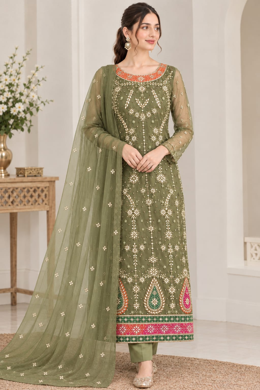 Handmade Gotta Work Net 2PC Unstitched Suit – Mehndi Green | Allover Gotta Chata Dupatta