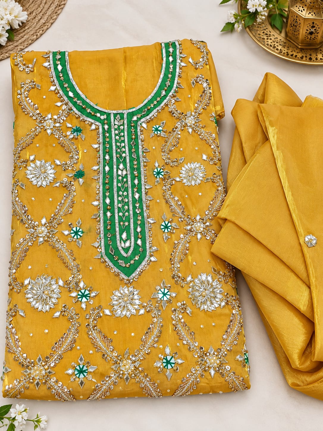 Handmade Gotta Work Sheesha Silk 2PC Unstitched Suit – Yellow Mustard | Mayo & Mehndi Special