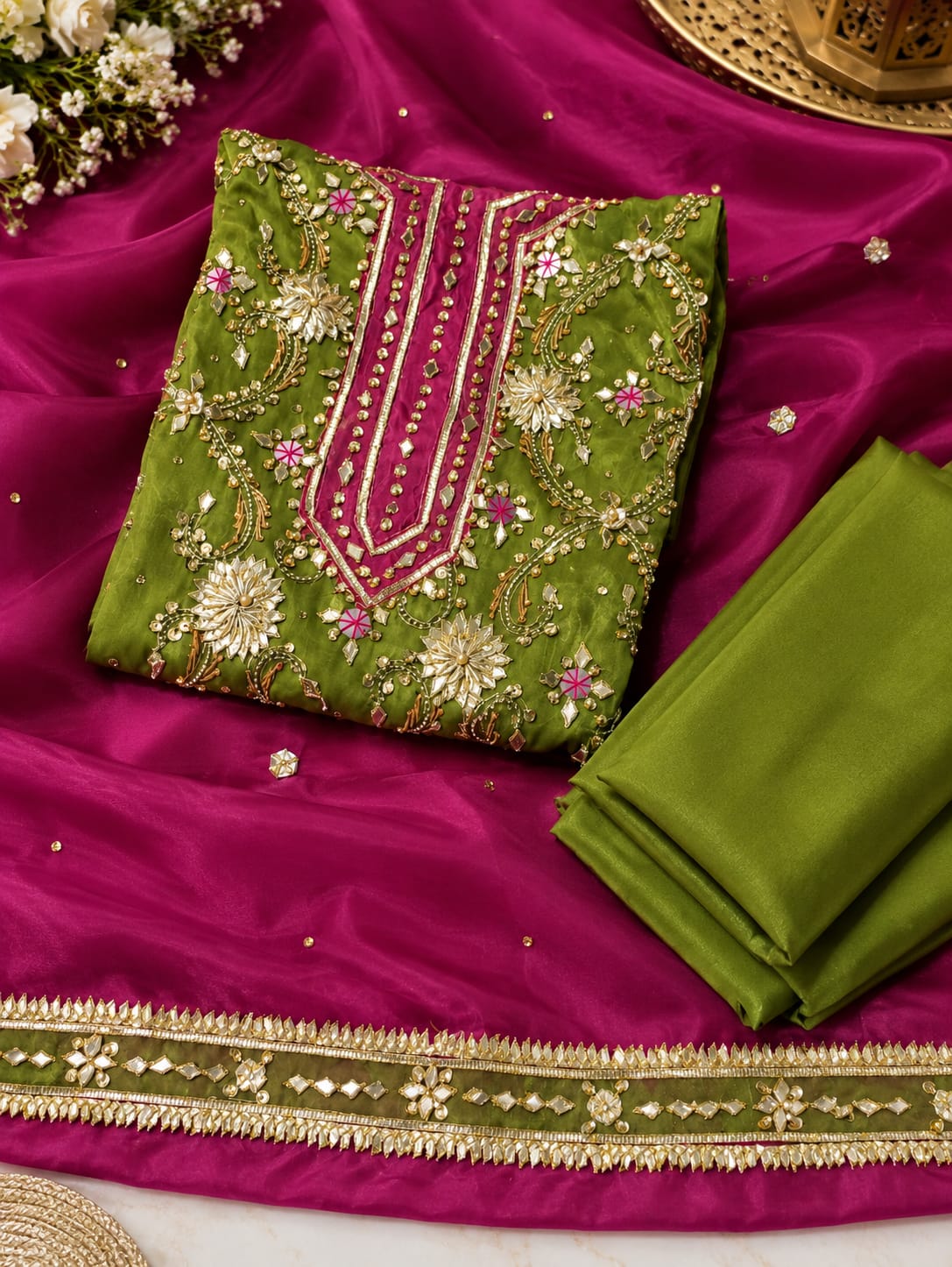 Sheesha Silk 3PC Unstitched Suit – Mehndi Green & Pink Contrast | 4-Sided Matha Pati Dupatta