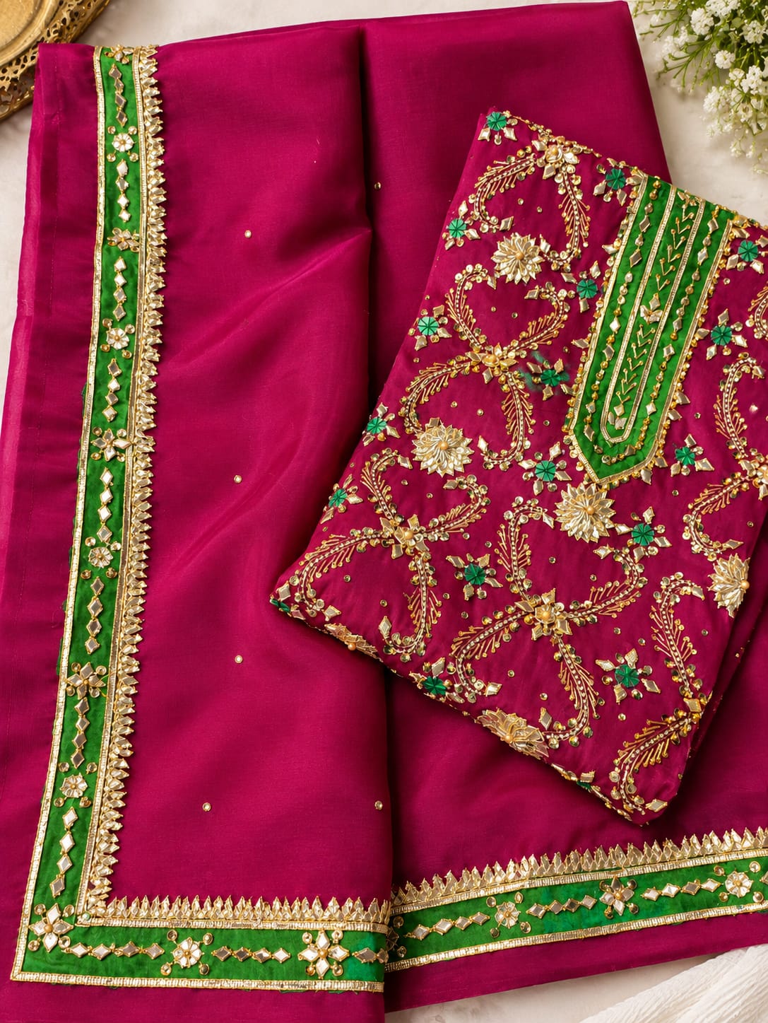 Handmade Gotta Work Sheesha Silk 3PC – Dark Pink & Green Contrast | 4-Sided Allover Chata Dupatta