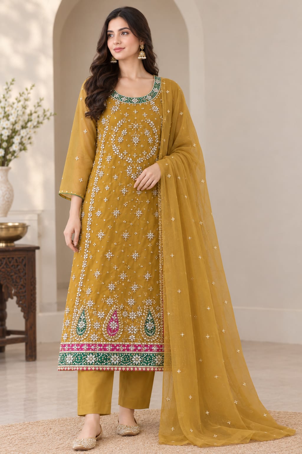 Handmade Gotta Work Organza 2PC Unstitched Suit – Trendy Pink | Multi Applique Embellishments