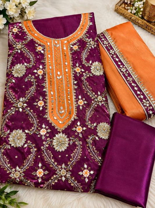 Handmade Gotta 3Pc Sheesha Silk Unstitched Suit