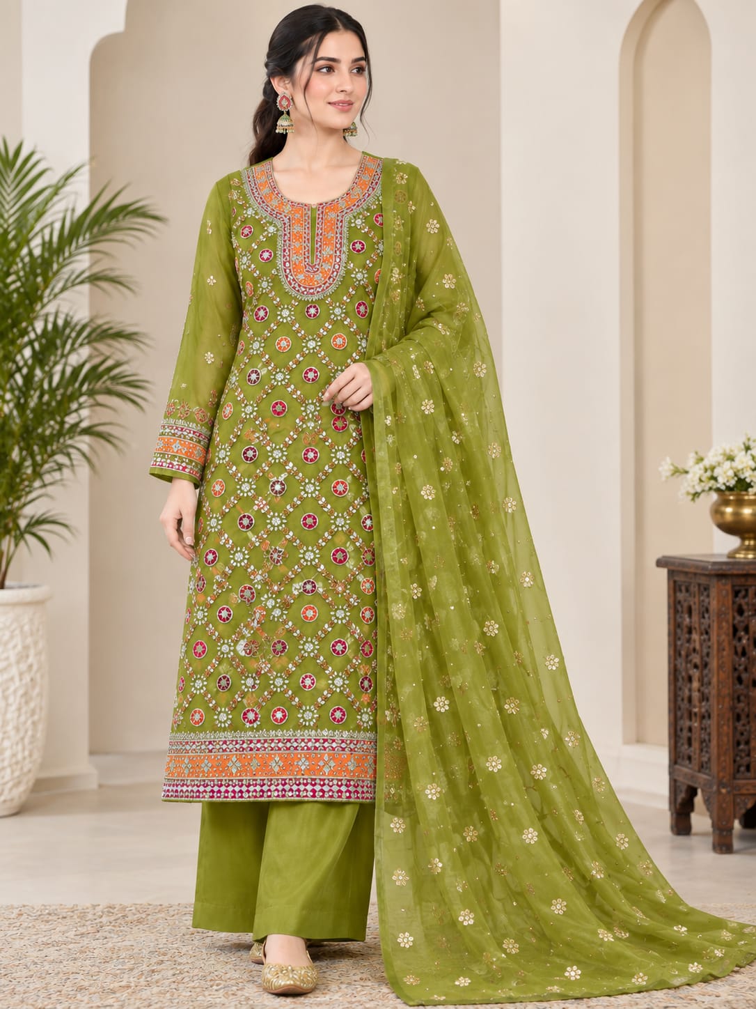 Heavy Organza 2PC Unstitched Suit – Multi Applique Gotta, Pearl, Moti & Sequence Work | Customizable