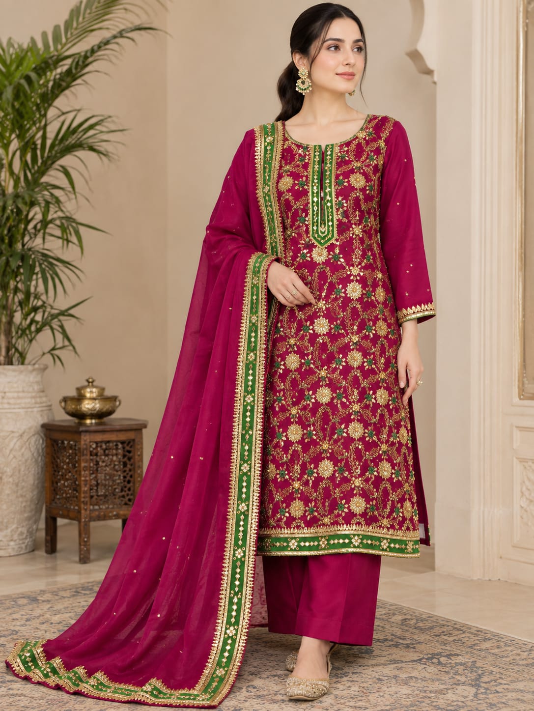 Handmade Gotta Work Sheesha Silk 3PC – Dark Pink & Green Contrast | 4-Sided Allover Chata Dupatta