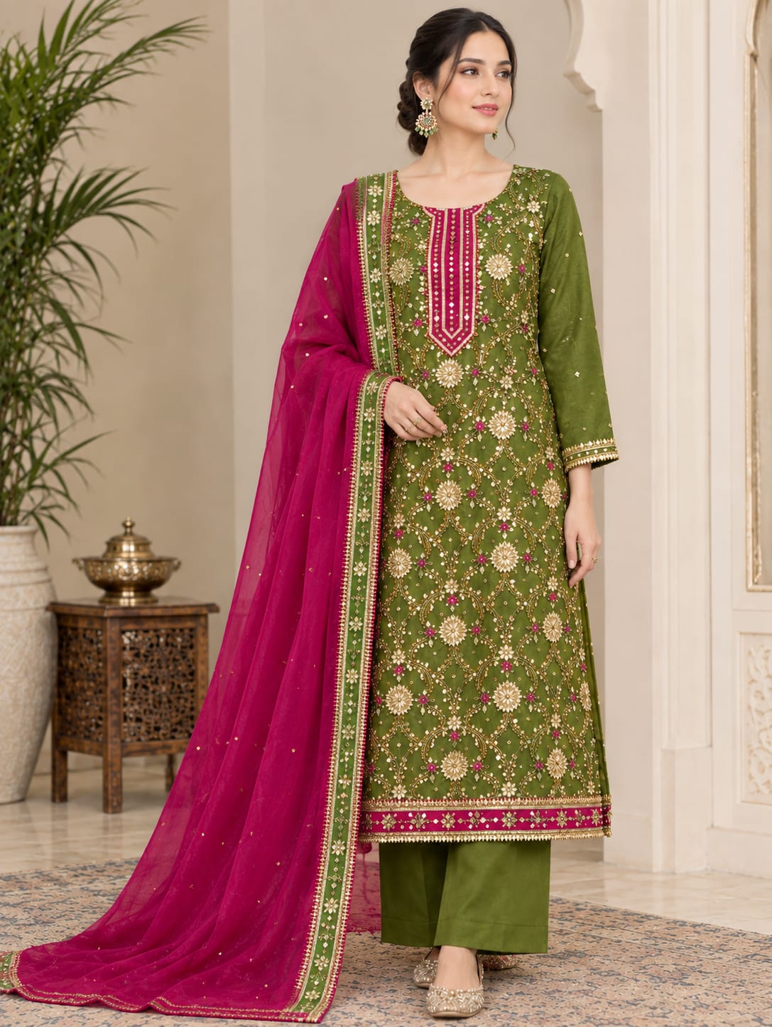 Sheesha Silk 3PC Unstitched Suit – Mehndi Green & Pink Contrast | 4-Sided Matha Pati Dupatta