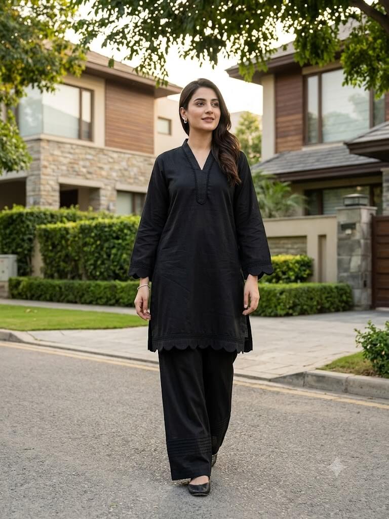 Women's Black Pure Cotton 2 Piece Suit | Short Kurti with Farshi Shalwar | Stitched Pakistani Dress