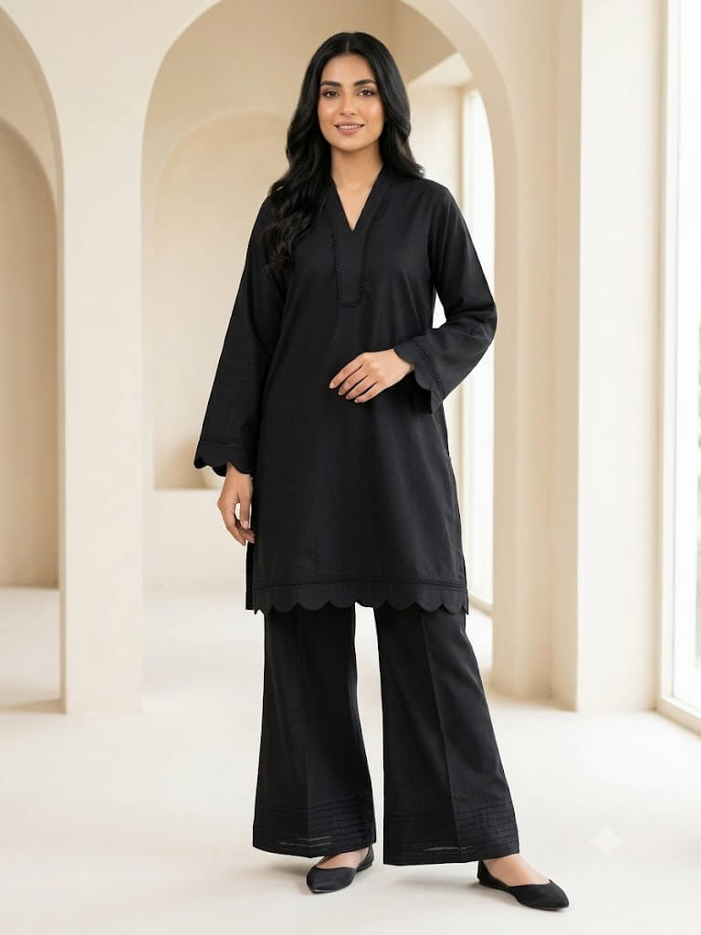 Women's Black Pure Cotton 2 Piece Suit | Short Kurti with Farshi Shalwar | Stitched Pakistani Dress