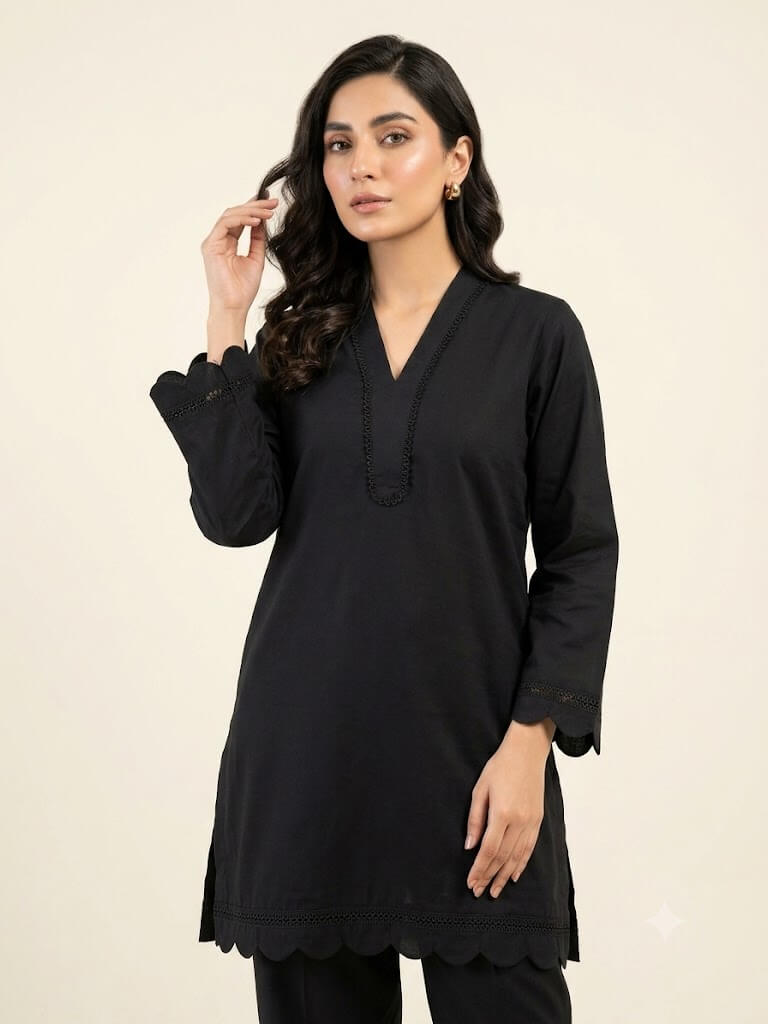 Women's Black Pure Cotton 2 Piece Suit | Short Kurti with Farshi Shalwar | Stitched Pakistani Dress