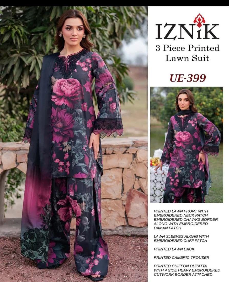 Iznik Lawn 3piece Unstitched Digital Printed Dress l UE-399