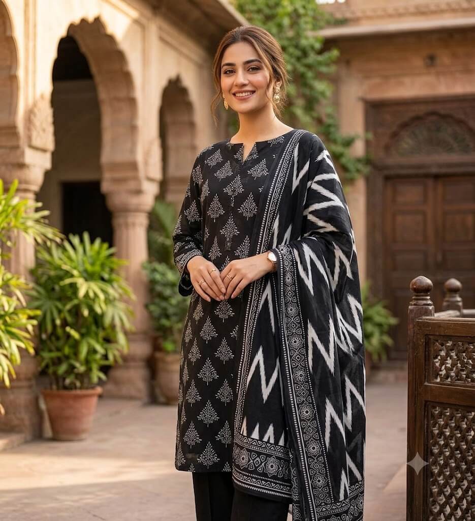 Elegant Black & White 3 Piece Unstitched Lawn Suit with Printed Dupatta