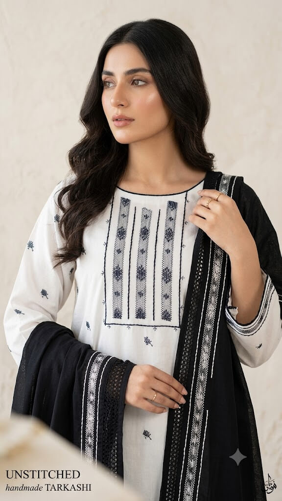 White & Black Handmade Tarkashi Lawn 2 Piece Unstitched Suit for Women