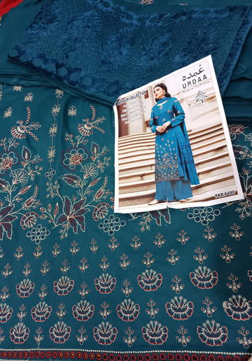 Peach dhanak 3pc, embroidered front back nd sleeves wd plan trouser nd velvet dhanak shawl....