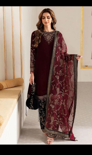 9000 Micro Velvet 3pc Luxury code By Jazmin Brand(,silk trouser nd organza heavy Dupata)