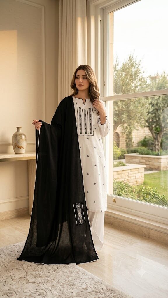 White & Black Handmade Tarkashi Lawn 2 Piece Unstitched Suit for Women
